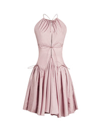 Shirred flared dress with thin straps - Raspberry
