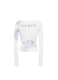 T-shirt à manches longues à motif ajouré - Blanc & Sable