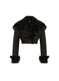 Short coat with voluminous leather collar - Black