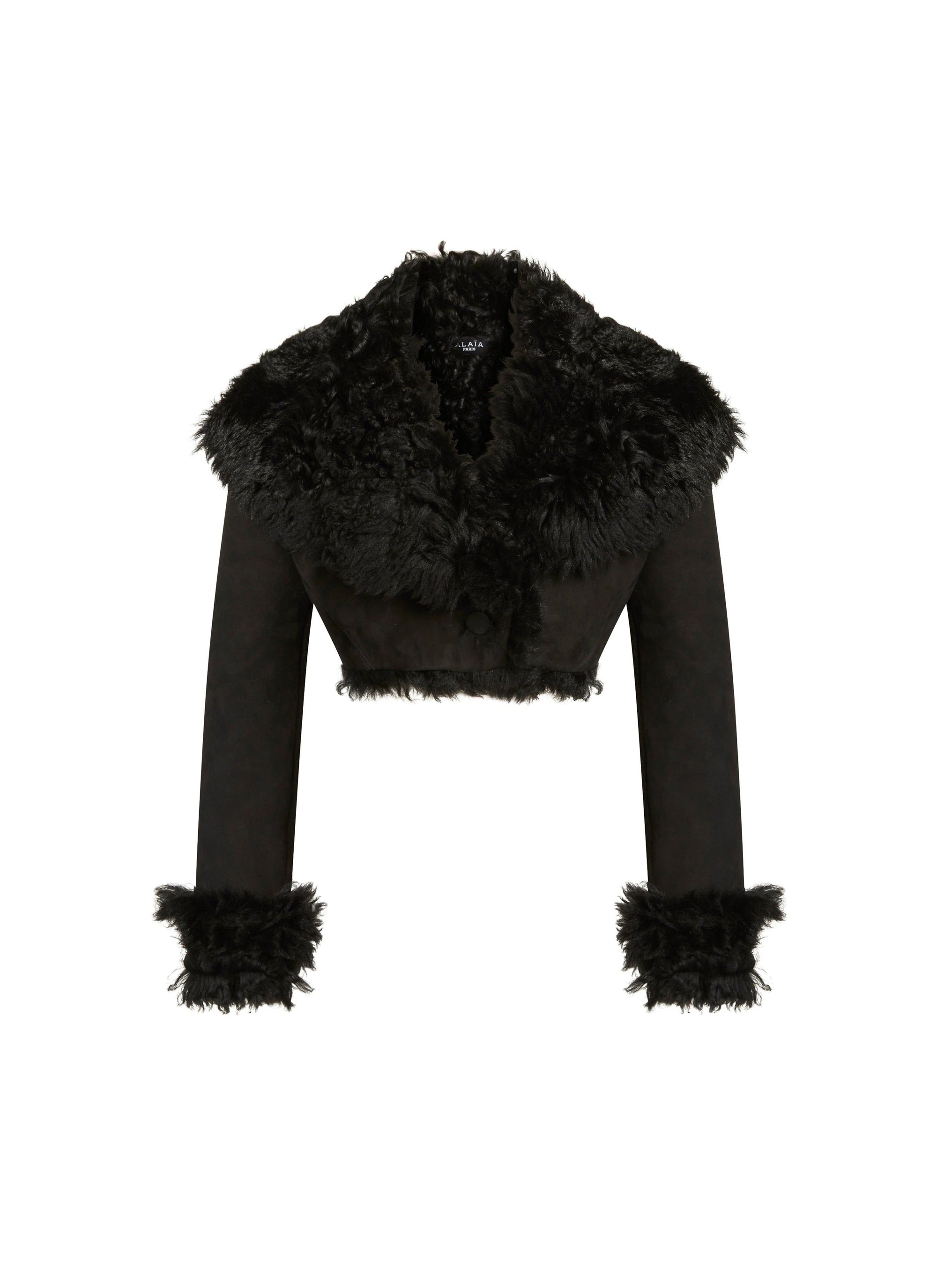 Short coat with voluminous leather collar - Black