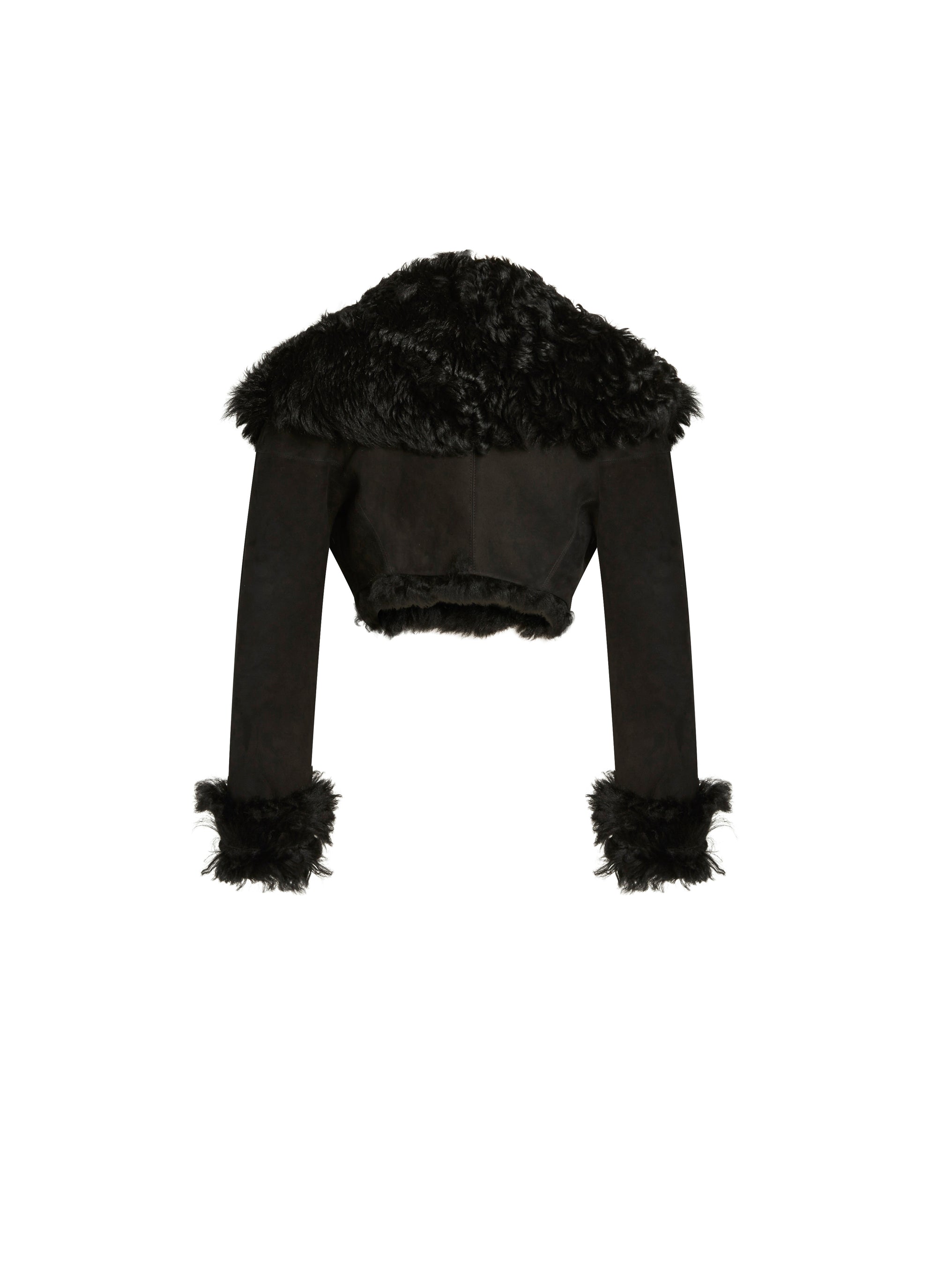 Short coat with voluminous leather collar - Black
