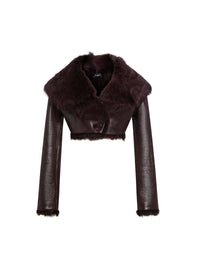 Manteau court à col volumineux en cuir brillant - Violet foncé