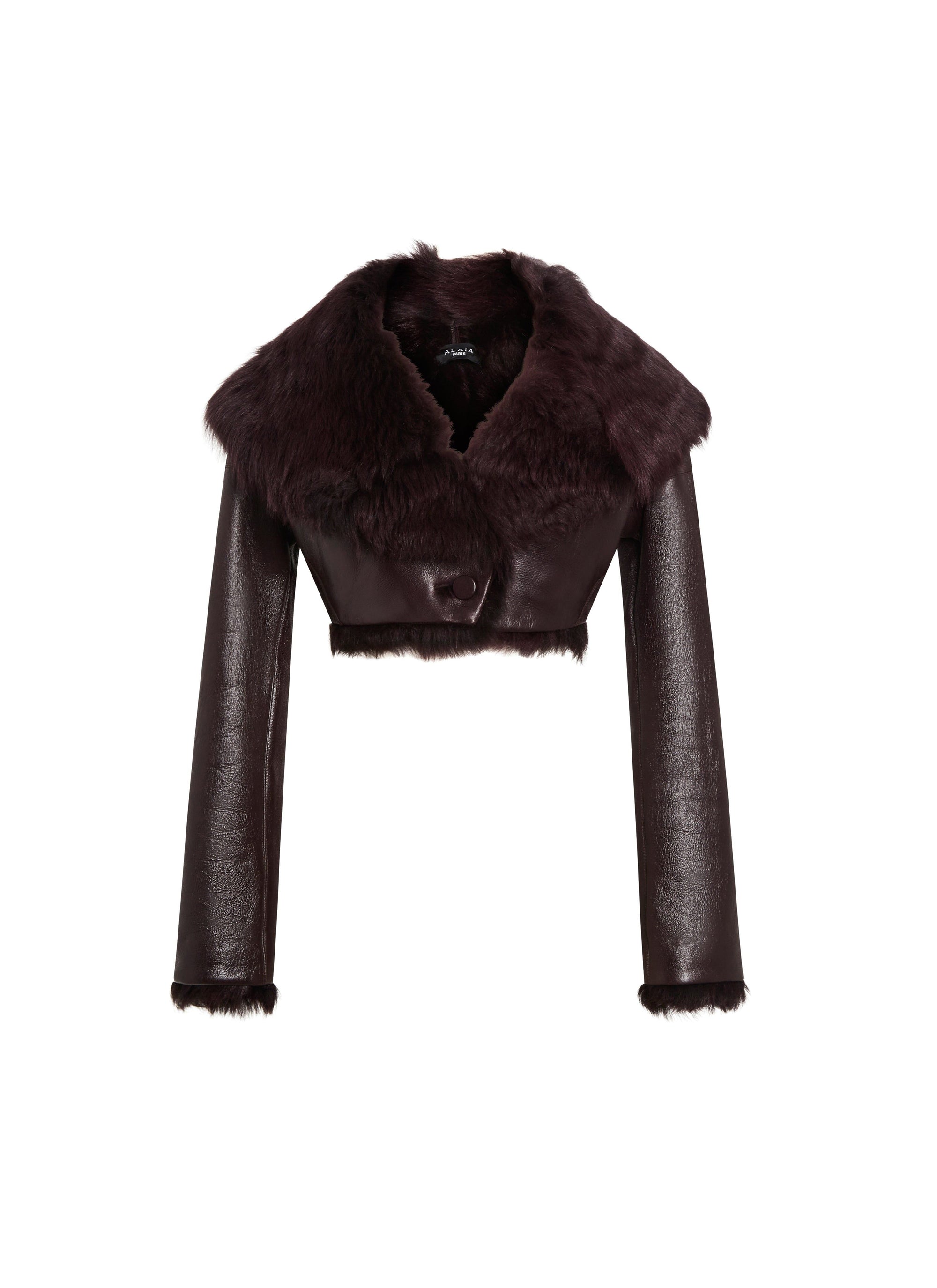 Manteau court à col volumineux en cuir brillant - Violet foncé
