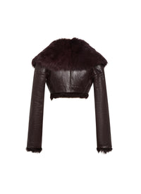 Manteau court à col volumineux en cuir brillant - Violet foncé