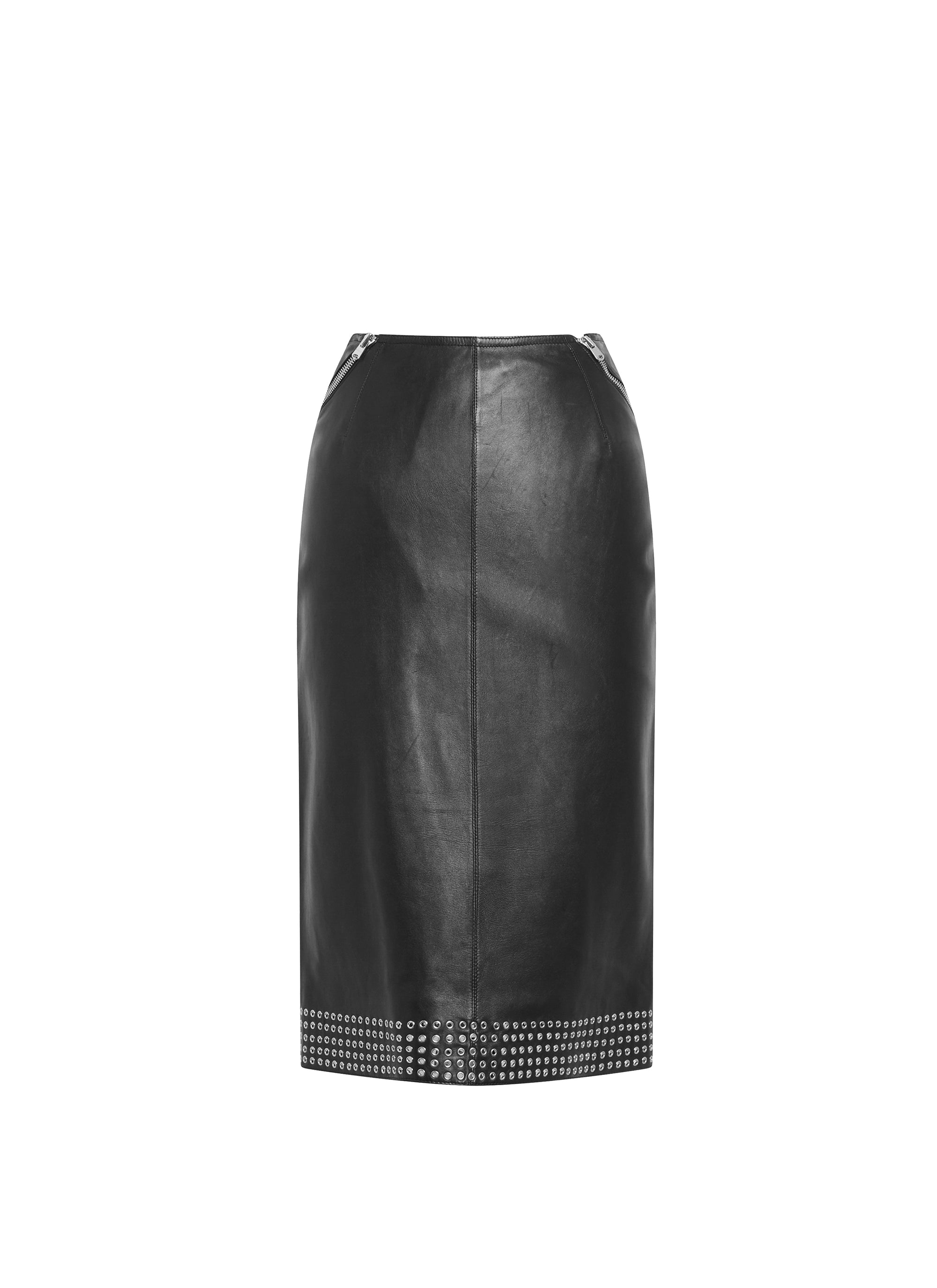 Jupe midi droite en cuir à oeillets - Noir