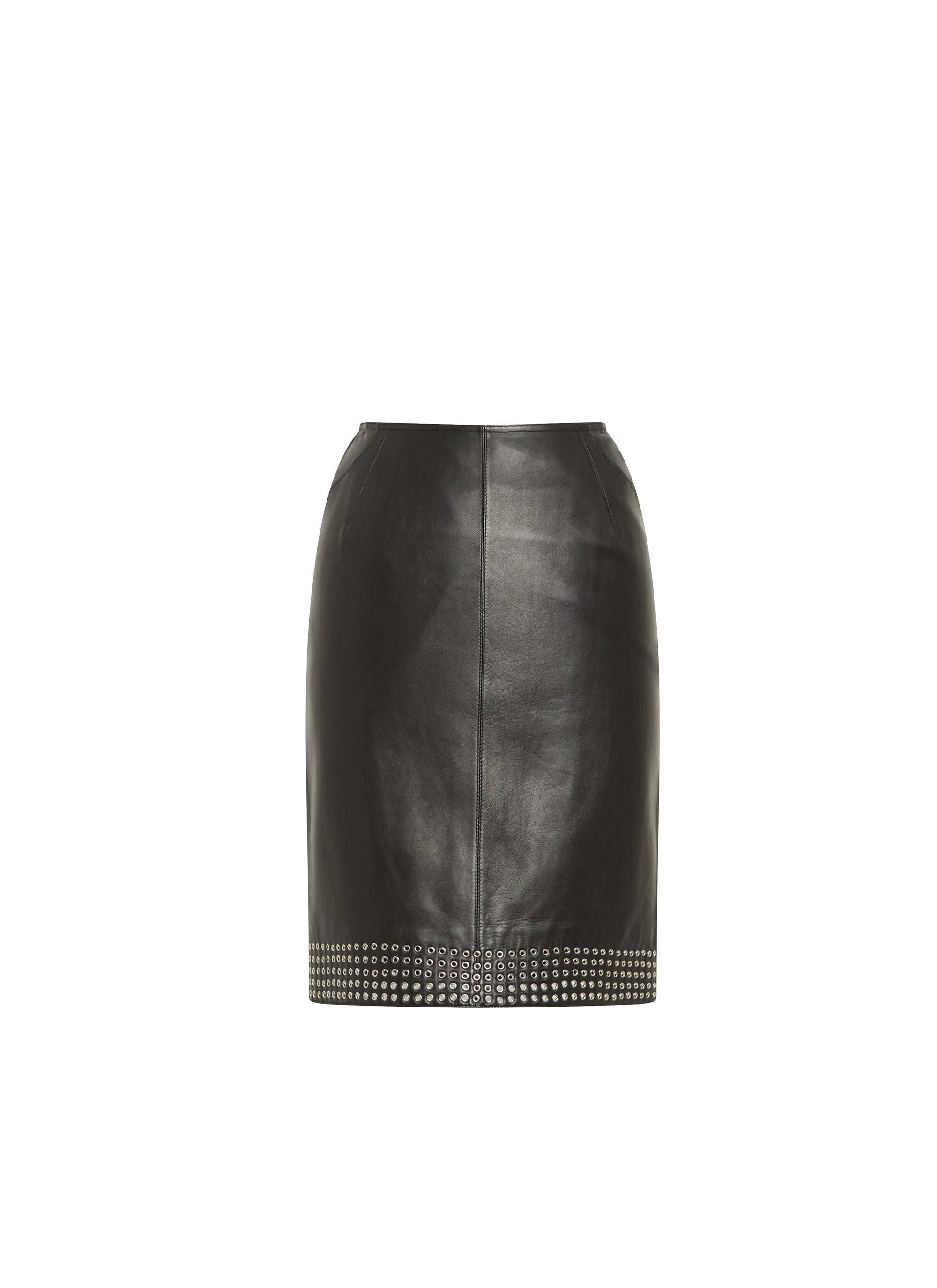 Studded leather straight plunge skirt - Black intense