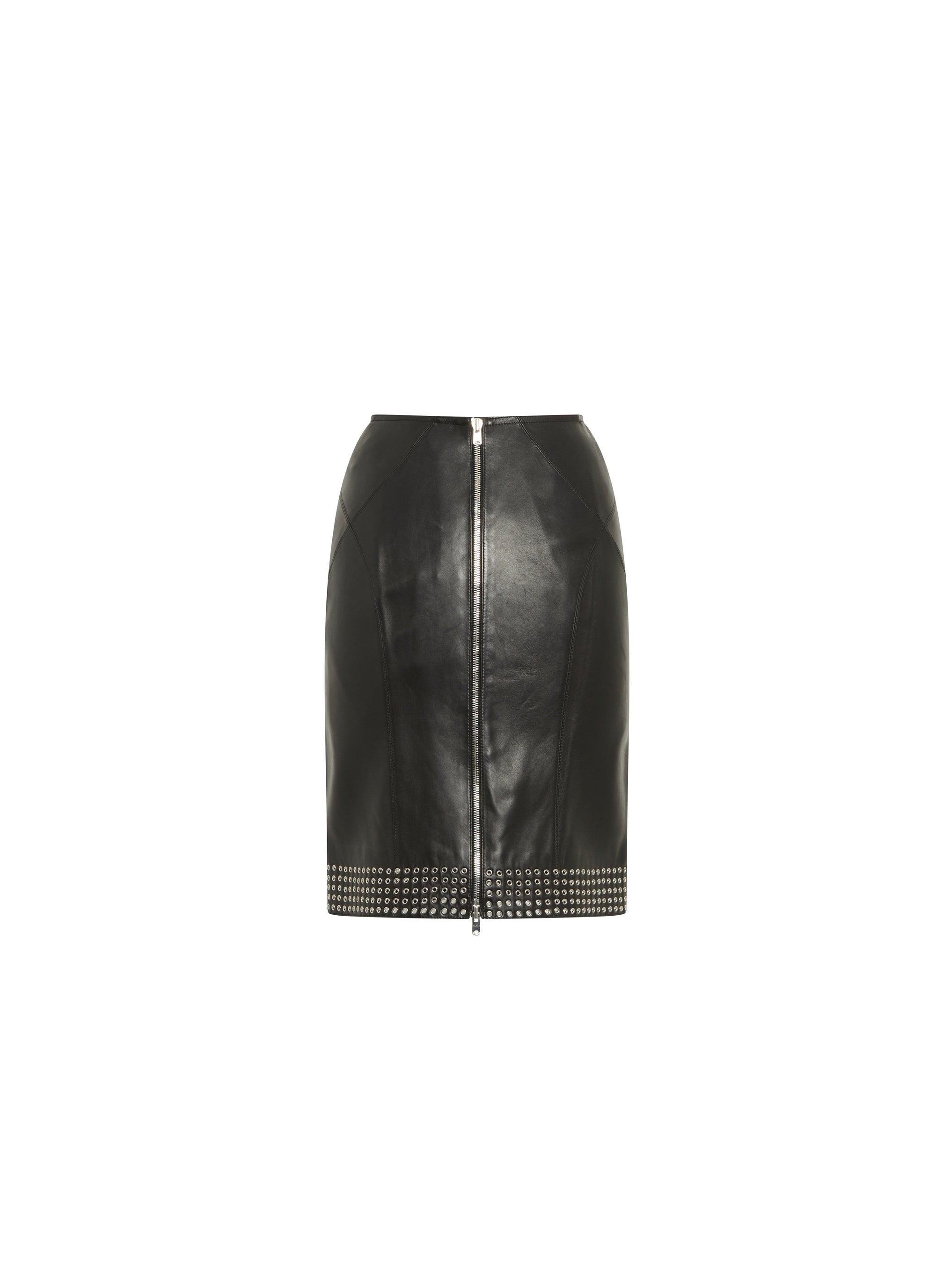 Studded leather straight plunge skirt - Black intense