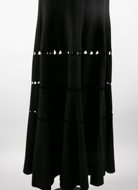 Robe longue évasée à col v avec détails ajourés - Noir