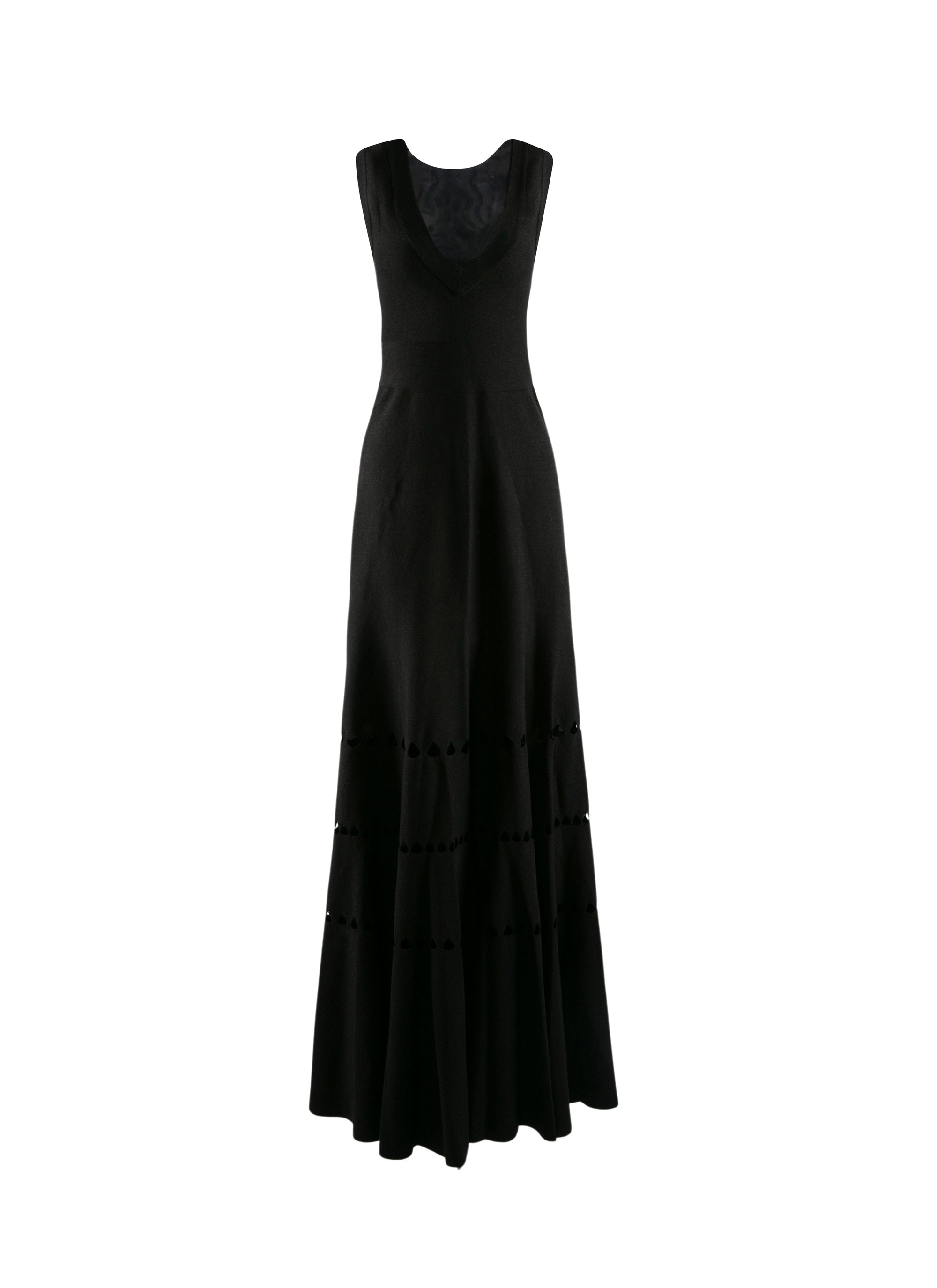 Robe longue évasée à col v avec détails ajourés - Noir