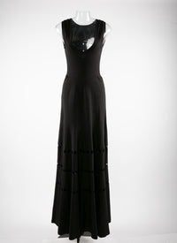Robe longue évasée à col v avec détails ajourés - Noir