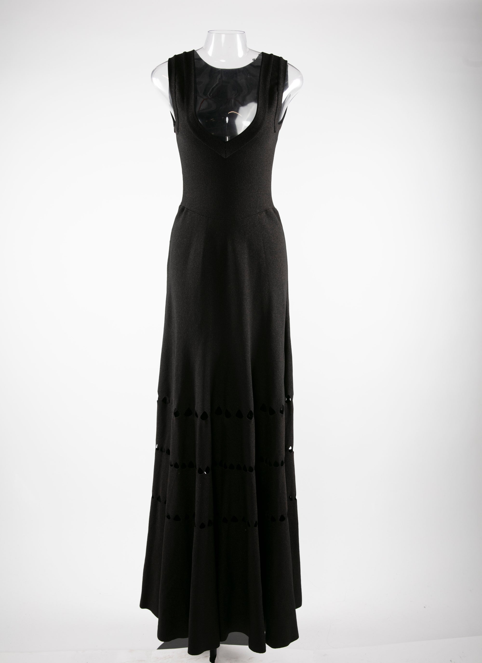 Robe longue évasée à col v avec détails ajourés - Noir