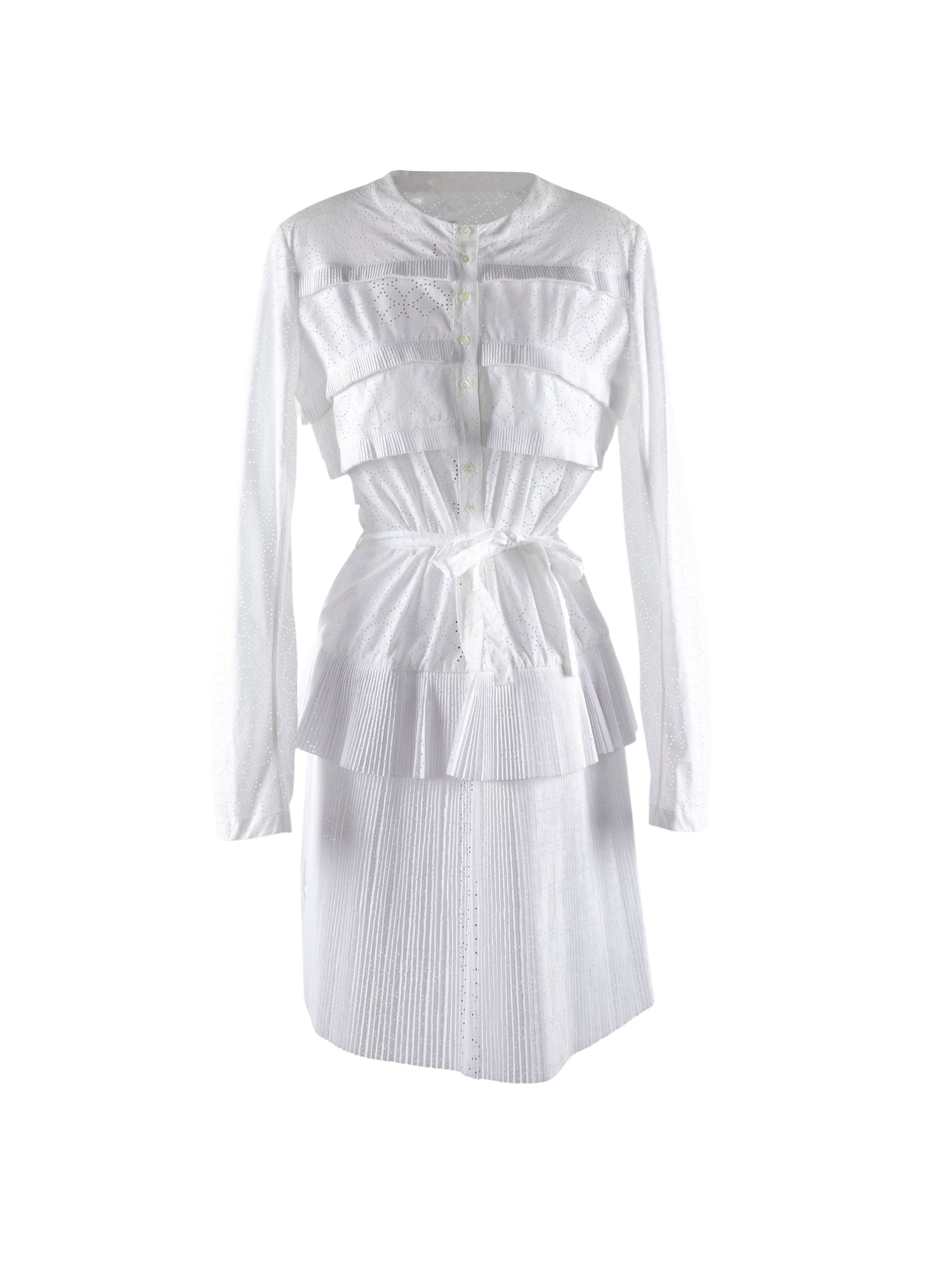 Robe plissée perforée à manches longues - Blanc intense