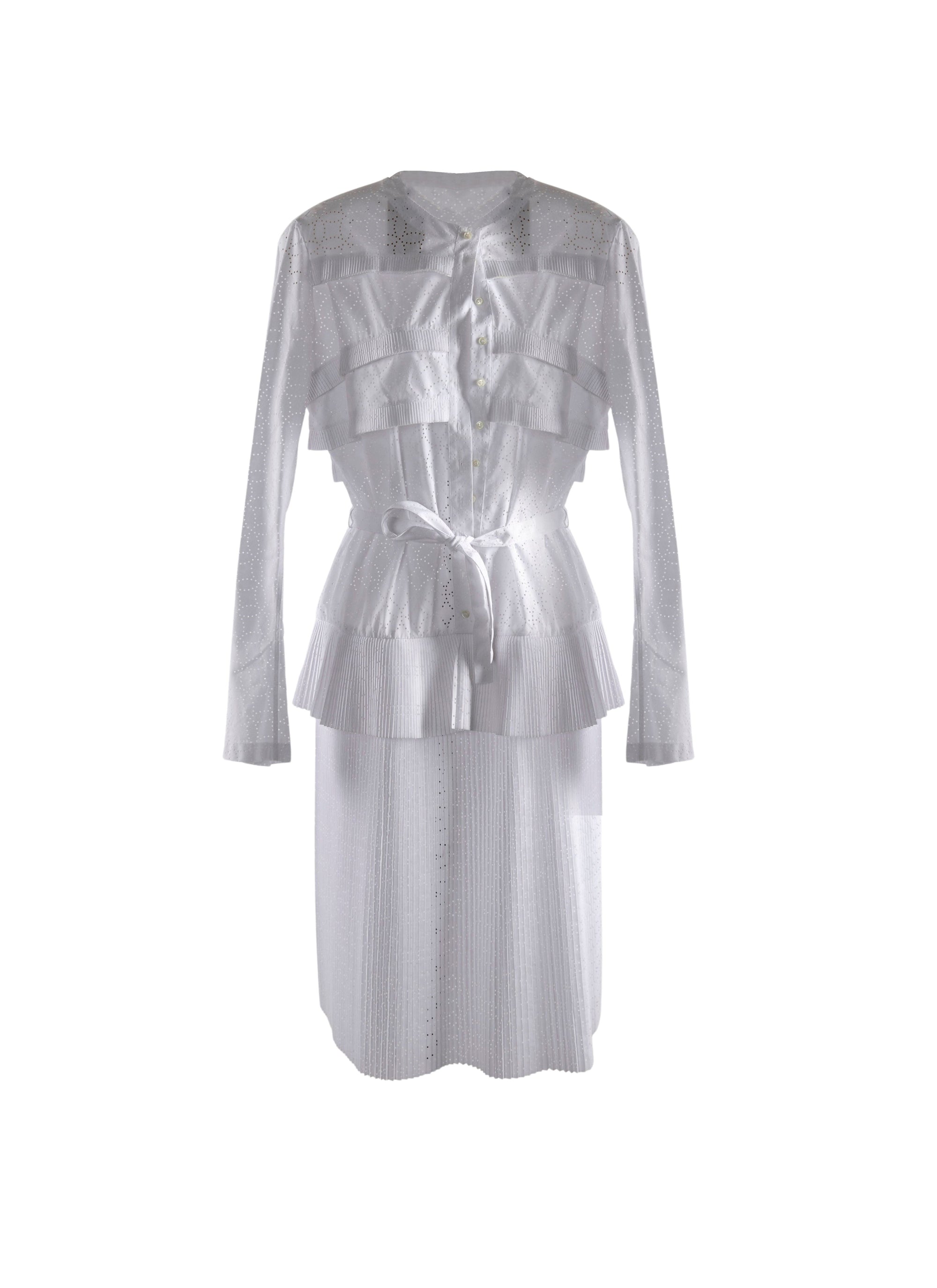Robe plissée perforée à manches longues - Blanc optique