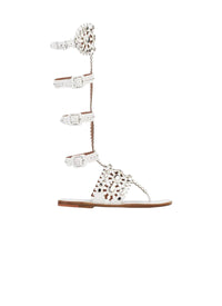 Sandales plates hautes style spartiate en cuir - Blanc Cassé