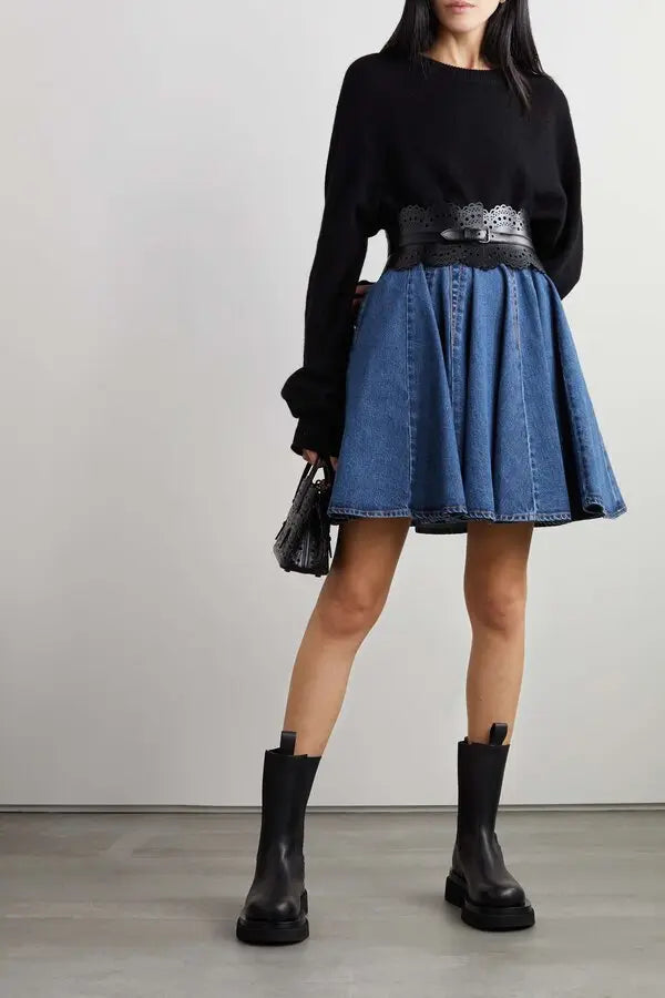 Pleated skater skirt in denim - Jeans Blue