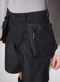 BLACK TECHNICAL FABRIC CARGO SHORTS