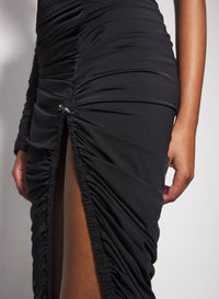 BLACK ASYMMETRICAL PIERCED RUCHED DRESS