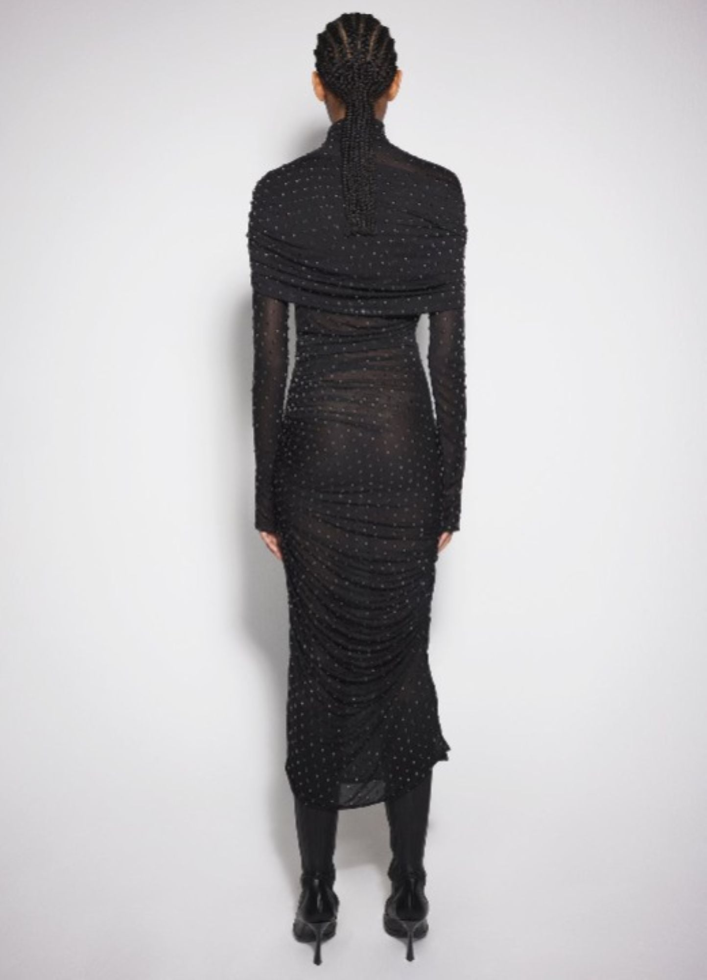 BLACK EMBELLISHED RUCHED DRESS
