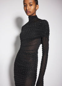 BLACK EMBELLISHED RUCHED DRESS