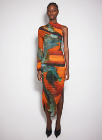 ARCHIVE PRINT ASYMMETRICAL MESH DRESS