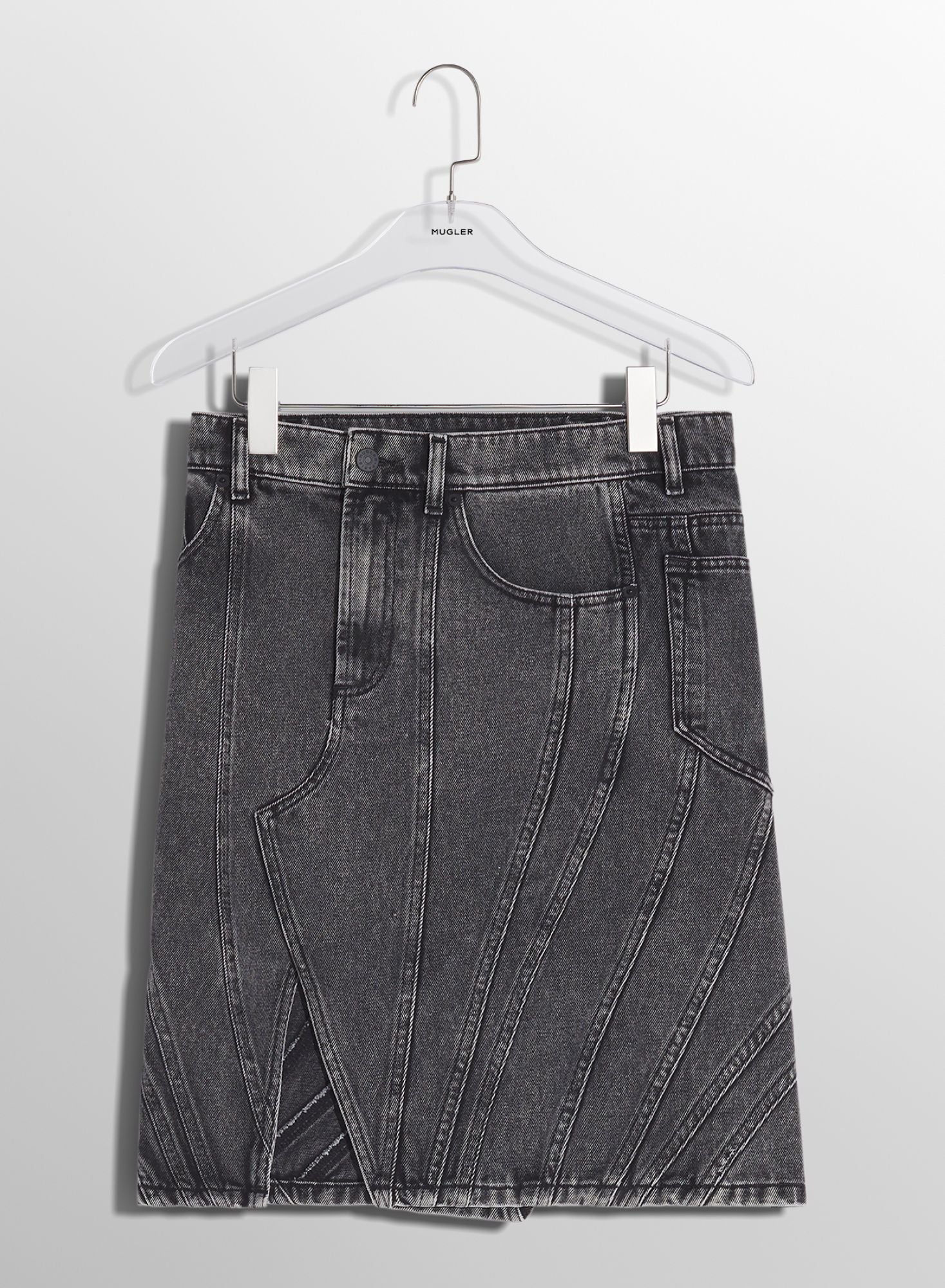 WASHED BLACK SPIRAL DENIM SKIRT