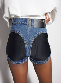 BLUE BI-MATERIAL DENIM SHORTS