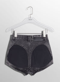 BLUE BI-MATERIAL DENIM SHORTS