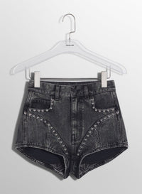 WASHED BLACK DENIM STUDDED SHORTS