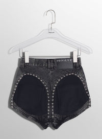 WASHED BLACK DENIM STUDDED SHORTS