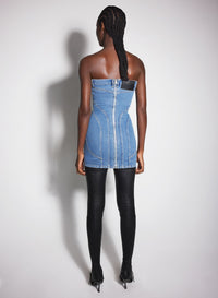 BLUE SPIRAL DENIM BUSTIER DRESS