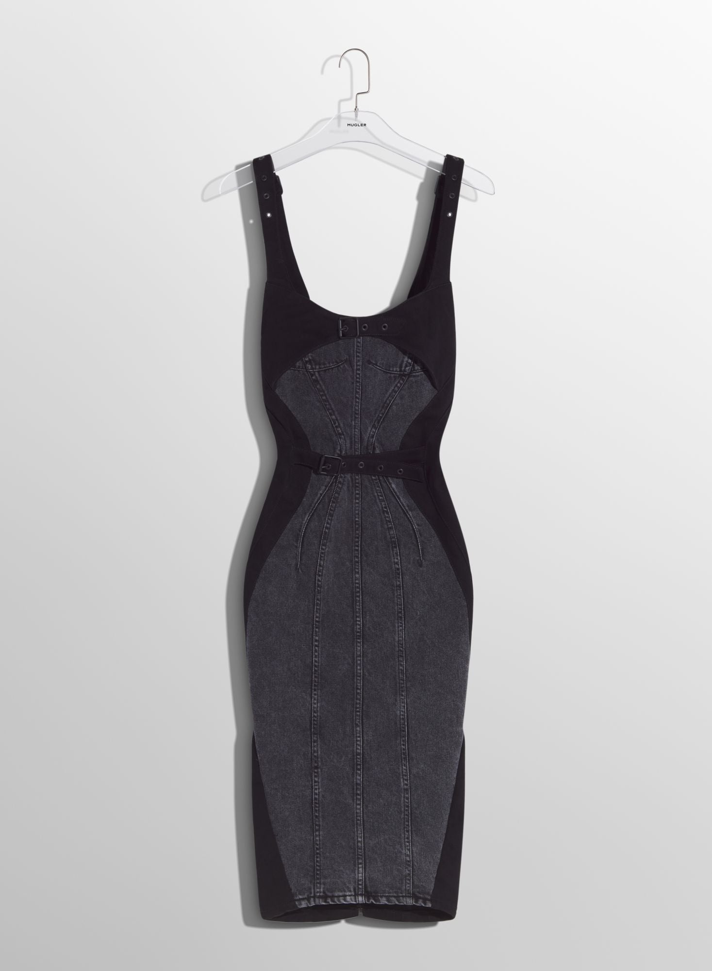 BLACK BUCKLED DENIM DRESS