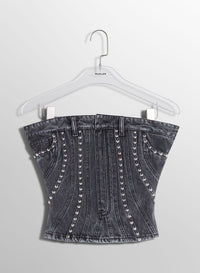 WASHED BLACK SPIRAL DENIM STUDDED BUSTIER