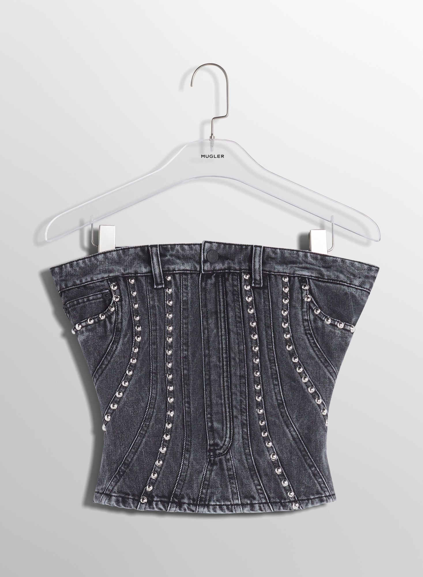 WASHED BLACK SPIRAL DENIM STUDDED BUSTIER
