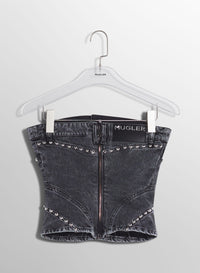 WASHED BLACK SPIRAL DENIM STUDDED BUSTIER