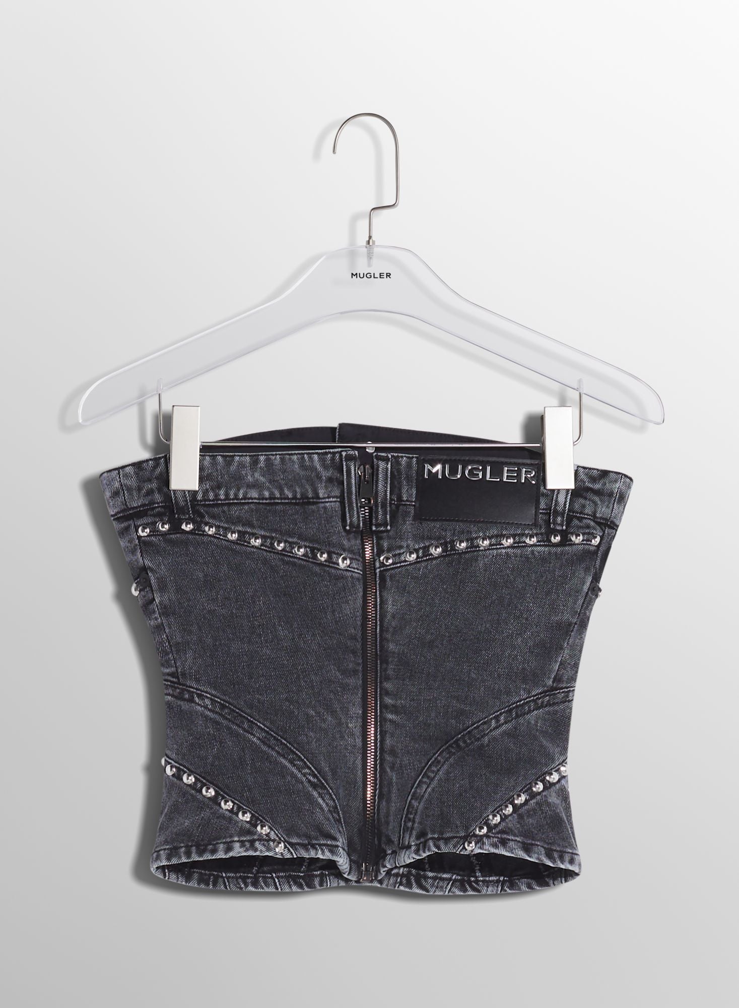 WASHED BLACK SPIRAL DENIM STUDDED BUSTIER