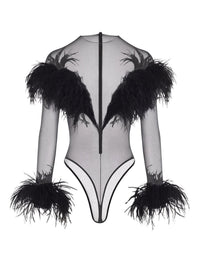 FEATHER EMBROIDERED TULLE BODYSUIT