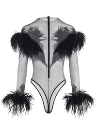 FEATHER EMBROIDERED TULLE BODYSUIT