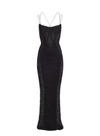 BLACK DRAPED MESH DRESS