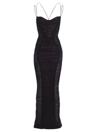 MAGENTA BACKLESS RUCHED MESH GOWN