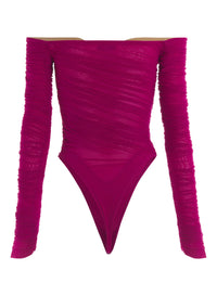 MAGENTA RUCHED MESH BODYSUIT