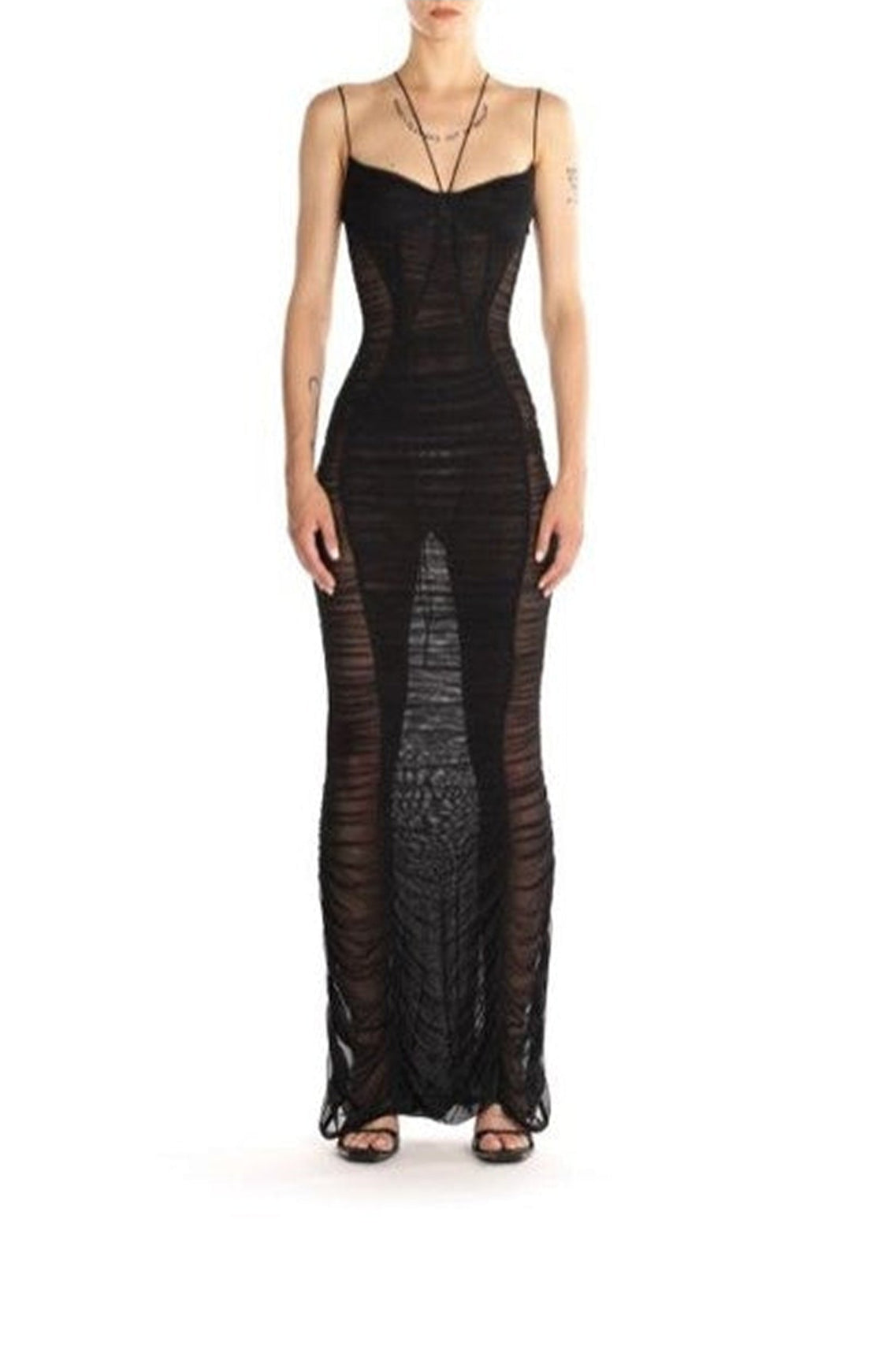 MAGENTA BACKLESS RUCHED MESH GOWN