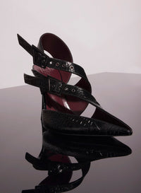BLACK EMBOSSED CROCODILE BUCKLED FANG 95 MULES