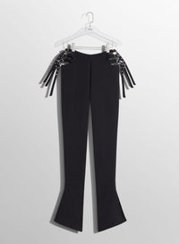 BLACK BUCKLED FLARE TROUSERS