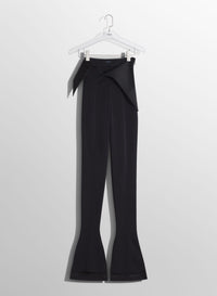 BLACK SATIN CUMMERBUND FLARE WOOL TROUSERS