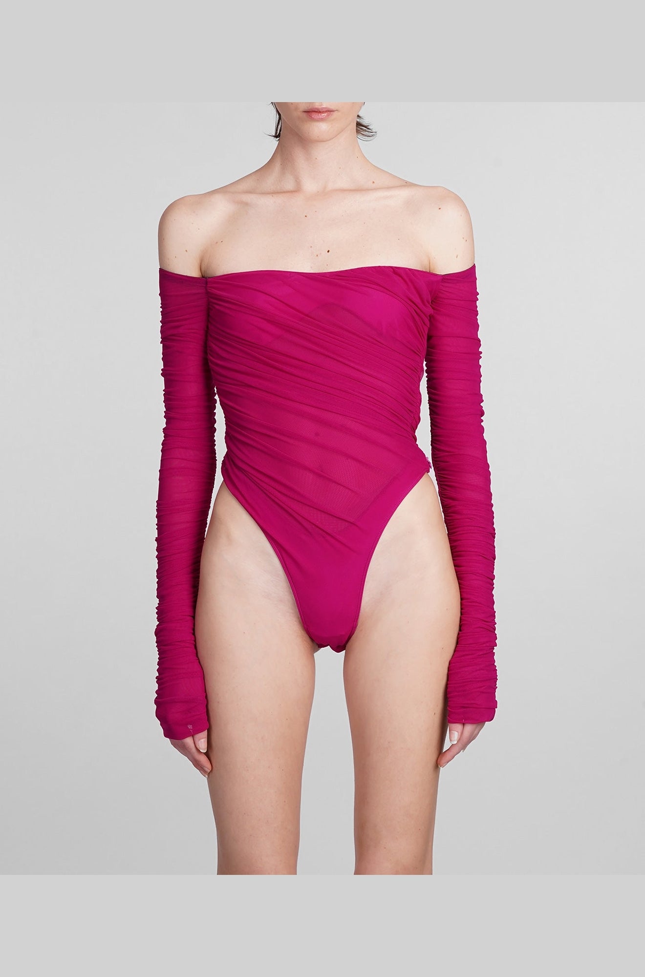 MAGENTA RUCHED MESH BODYSUIT