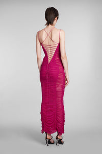 MAGENTA BACKLESS RUCHED MESH GOWN