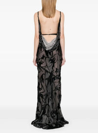 BLACK FLORAL PRINT BACKLESS VELVET GOWN
