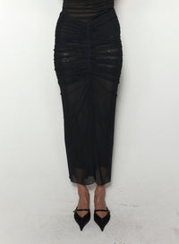 BLACK RUCHED MESH SKIRT
