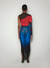 FLORAL PRINT ASYMMETRICAL PIERCED RUCHED DRESS