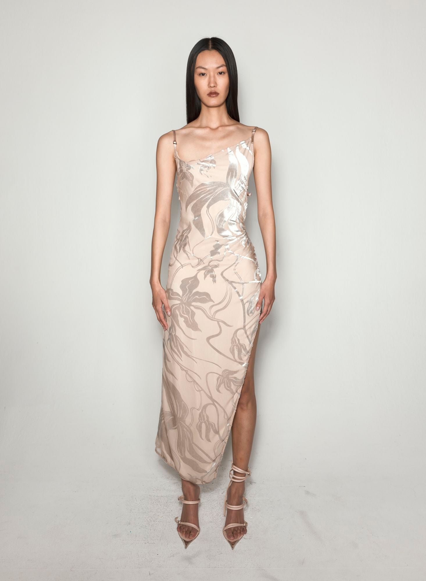 FLORAL VELVET ASYMETRICAL BUCKLED STRAP DRESS
